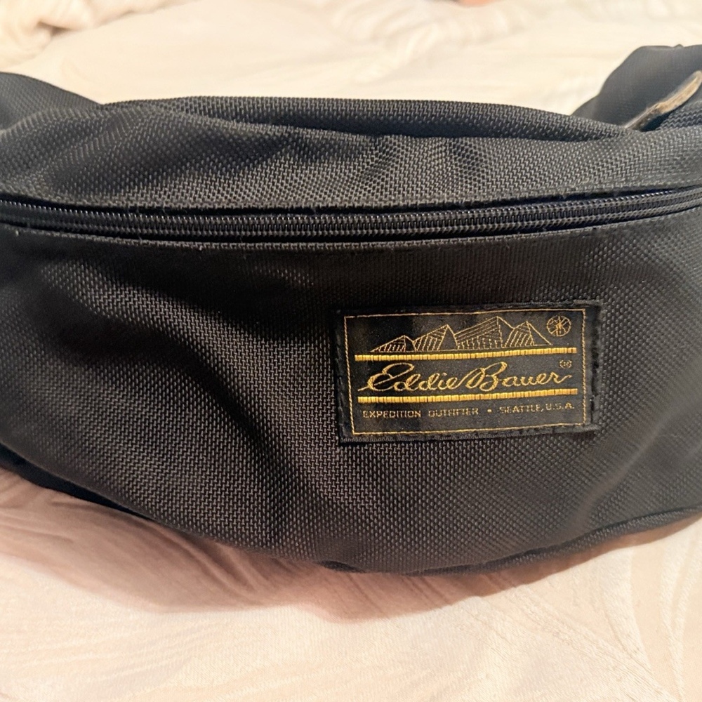 Vintage 90s Eddie Bauer Black Fanny Pack Large Waist Bag Belt Bag W/ Leather